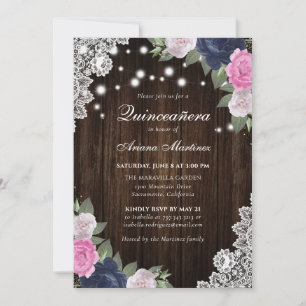 Rustic Navy Blue Blush Pink Floral Quinceañera Invitation