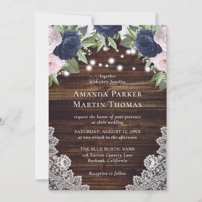 Rustic Navy Blue Blush Pink Floral Wedding Invitation Zazzle