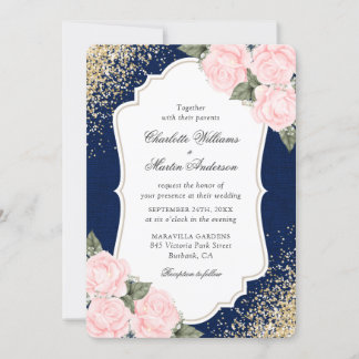 Rustic Navy Blue Blush Roses Burlap Wedding Invitation