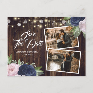 Rustic Navy Blue Blush Save The Date Photo Announcement Postcard