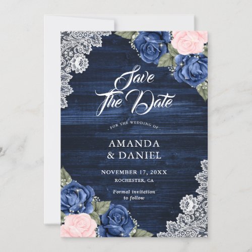 Rustic Navy Blue Blush Wood Lace Floral Wedding Save The Date