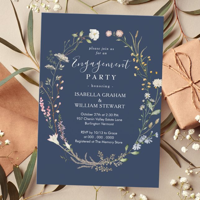 Rustic Navy Blue Boho Wildflower Engagement Party Invitation (Creator Uploaded)