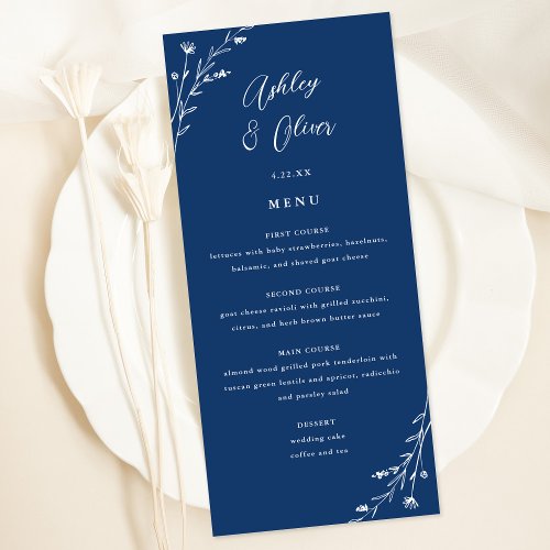 Rustic Navy Blue Botanical Wedding Menu Card
