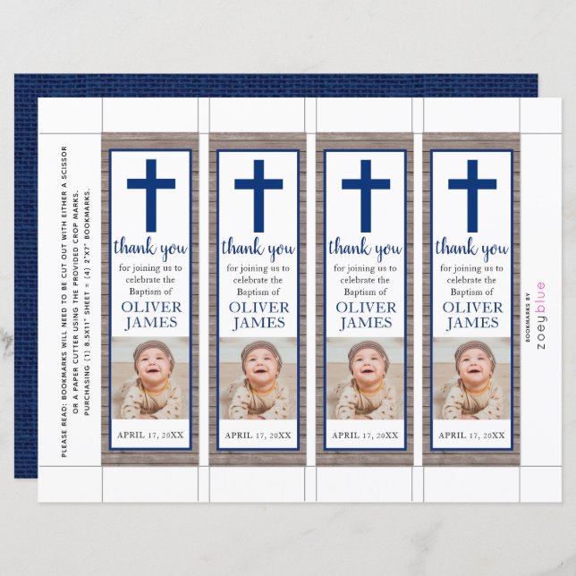 Rustic Navy Blue Boy Baptism Photo Bookmark (Front/Back)