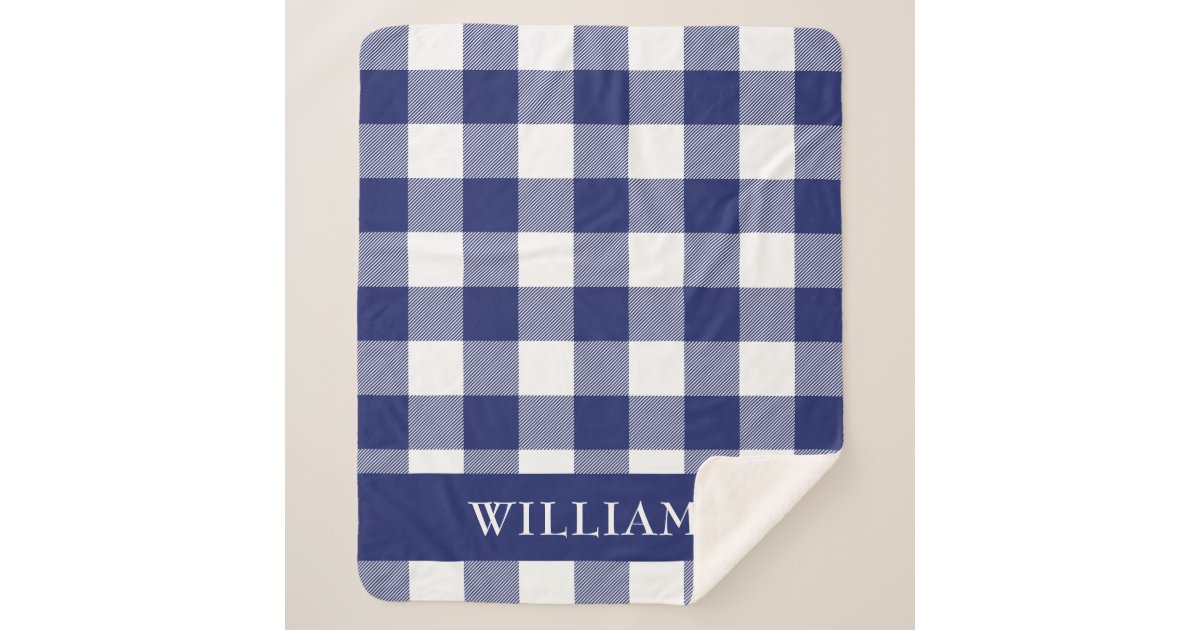 Rustic Navy Blue Buffalo Check Pattern Monogram Sherpa Blanket