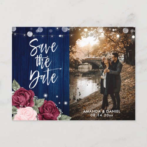 Rustic Navy Blue Burgundy Blush Floral Photo Announcement Postcard