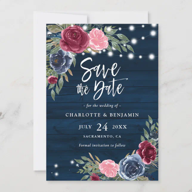 Rustic Navy Blue Burgundy Blush Floral Wedding Save The Date | Zazzle