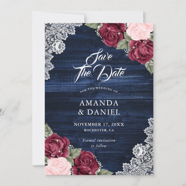 Rustic Navy Blue Burgundy Blush Wood Wedding Save The Date (Front)