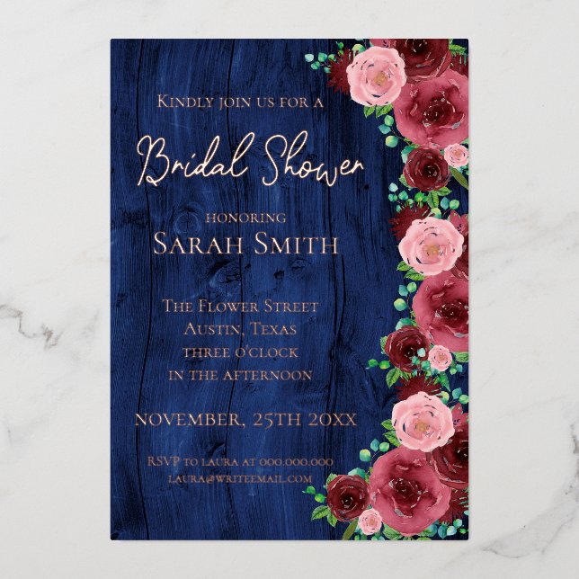 Rustic Navy Blue Burgundy Bridal Shower Rose Gold Foil Invitation (Front)