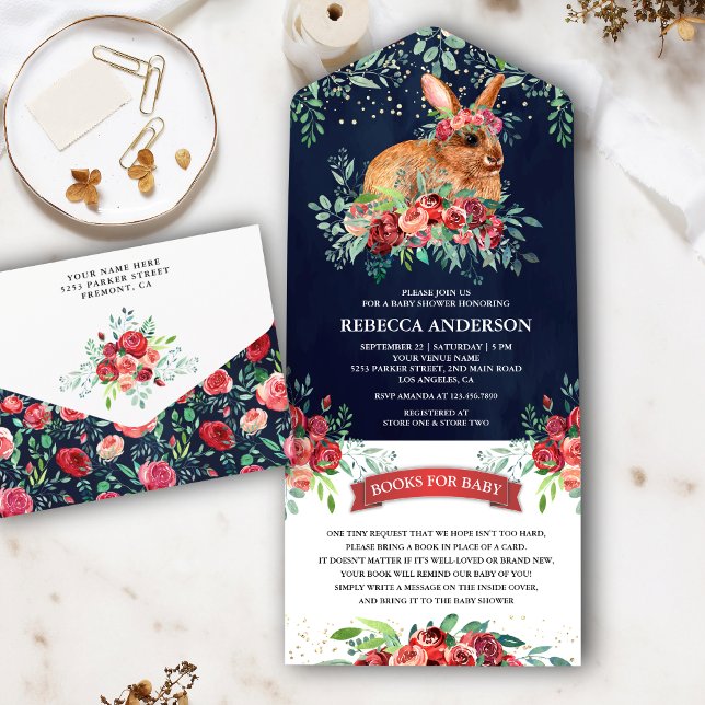 Rustic Navy Blue Burgundy Floral Bunny Baby Shower All In One Invitation (Creator Uploaded)