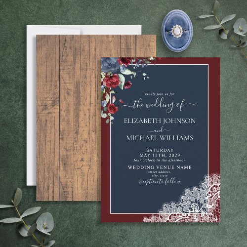 Rustic Navy Blue Burgundy Wood Script Wedding  Invitation