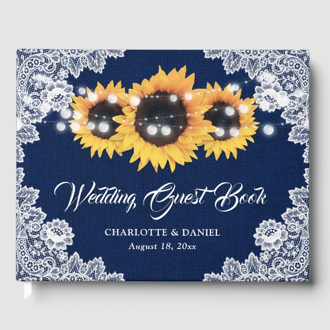 Rustic Navy Blue Burlap and Lace Sunflower Wedding Guest Book (Front)