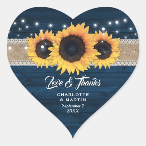 Rustic Navy Blue Burlap and Lace Sunflower Wedding Heart Sticker
