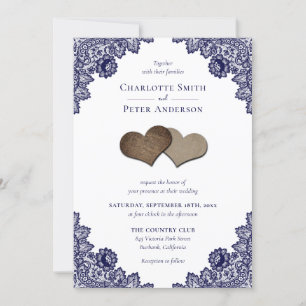 Rustic Navy Blue Burlap and Lace Wedding Invitation