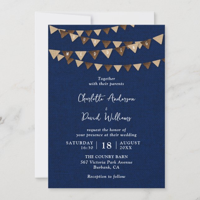 Rustic Navy Blue Burlap Bunting Wedding Invitation (Front)
