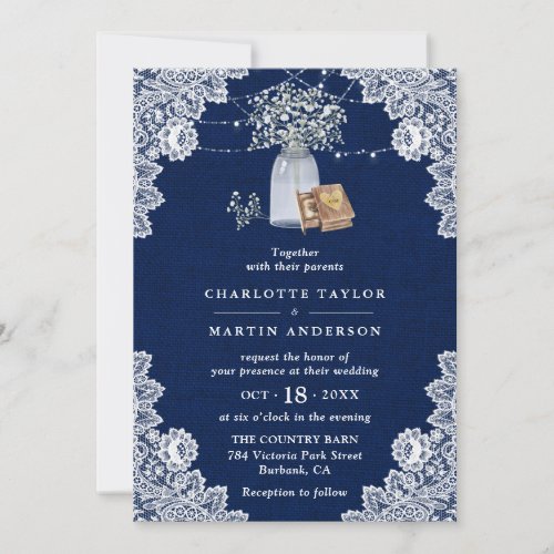 Rustic Navy Blue Burlap Lace Babys Breath Wedding Invitation