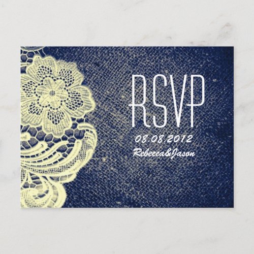 rustic navy blue burlap lace country wedding RSVP Invitation Postcard