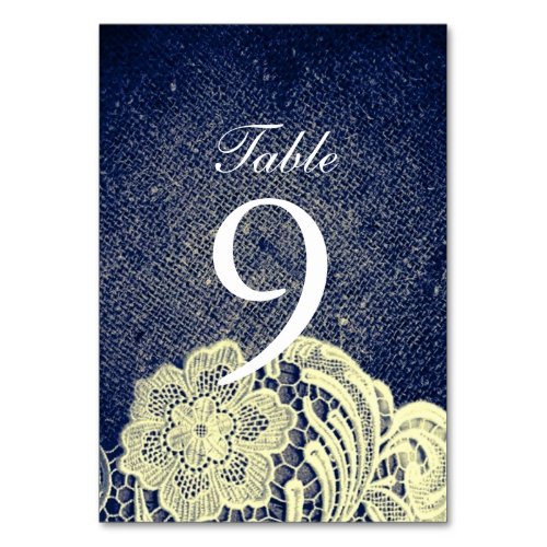 rustic navy blue burlap lace country wedding table number