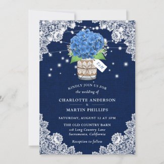 Rustic Navy Blue Burlap Lace Hydrangea Wedding Invitation