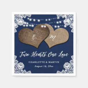 Rustic Navy Blue Burlap Lace String Lights Wedding Napkins
