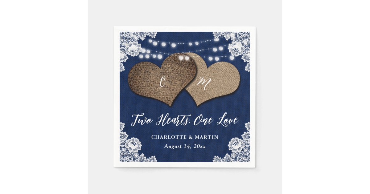 Rustic Navy Blue Burlap Lace String Lights Wedding Napkins | Zazzle
