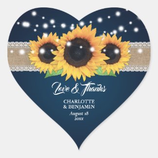 Rustic Navy Blue Burlap Lace Sunflower Wedding Heart Sticker