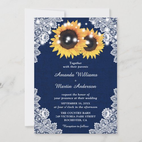 Rustic Navy Blue Burlap Lace Sunflower Wedding Invitation