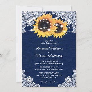 Rustic Navy Blue Burlap Lace Sunflower Wedding Invitation