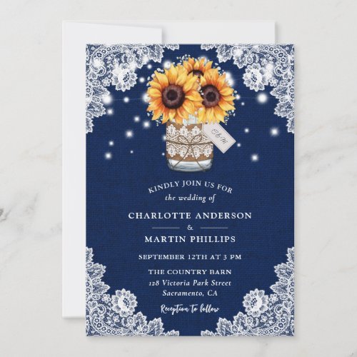 Rustic Navy Blue Burlap Lace Sunflower Wedding Invitation