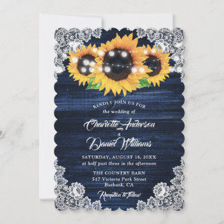 Rustic Navy Blue Burlap Lace Sunflower Wedding Invitation