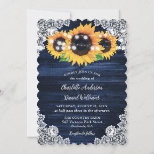Rustic Navy Blue Burlap Lace Sunflower Wedding Invitation