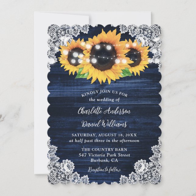 Rustic Navy Blue Burlap Lace Sunflower Wedding Invitation (Front)