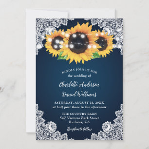 Rustic Navy Blue Burlap Lace Sunflower Wedding Invitation