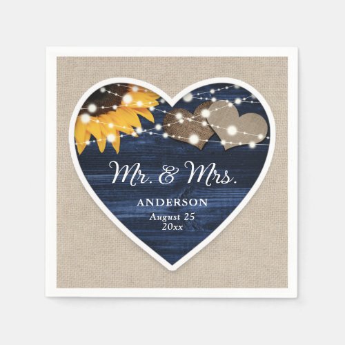 Rustic Navy Blue Burlap Lace Sunflower Wedding Napkins