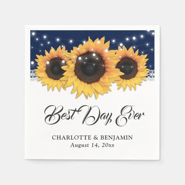 Rustic Navy Blue Burlap Lace Sunflower Wedding Napkins (Front)