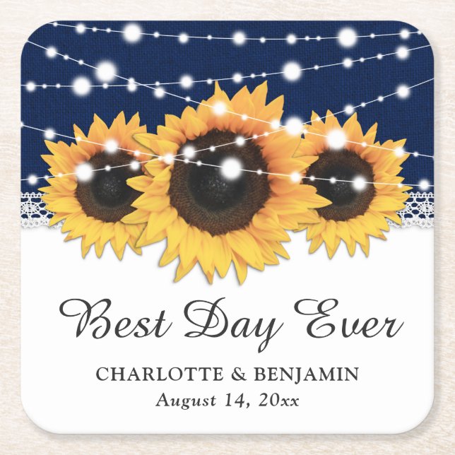 Rustic Navy Blue Burlap Lace Sunflower Wedding Square Paper Coaster (Front)