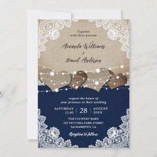 Rustic Navy Blue Burlap Lace Wedding Invitation