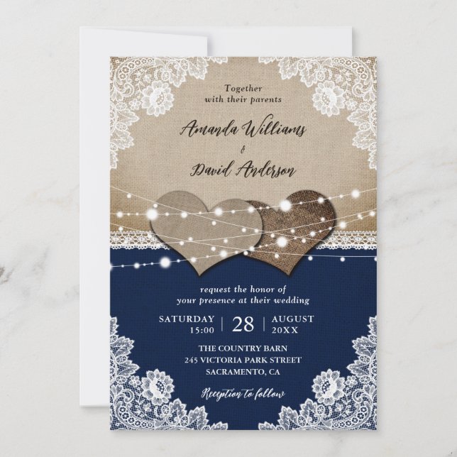 Rustic Navy Blue Burlap Lace Wedding Invitation (Front)