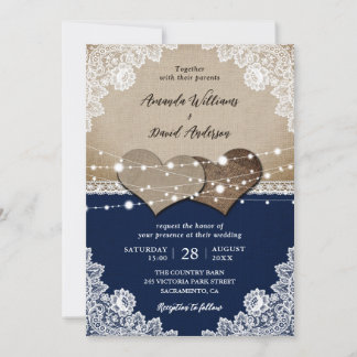 Rustic Navy Blue Burlap Lace Wedding Invitation