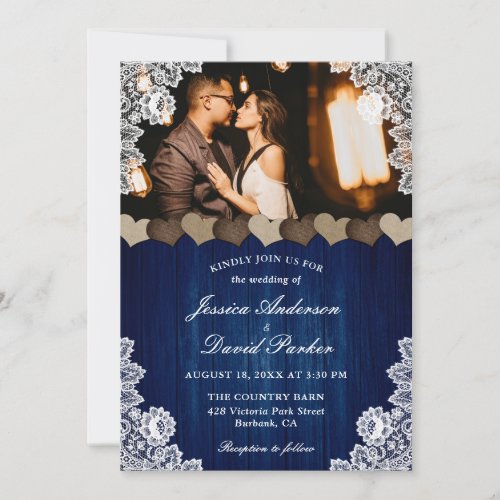 Rustic Navy Blue Burlap Lace Wedding Photo Invitation