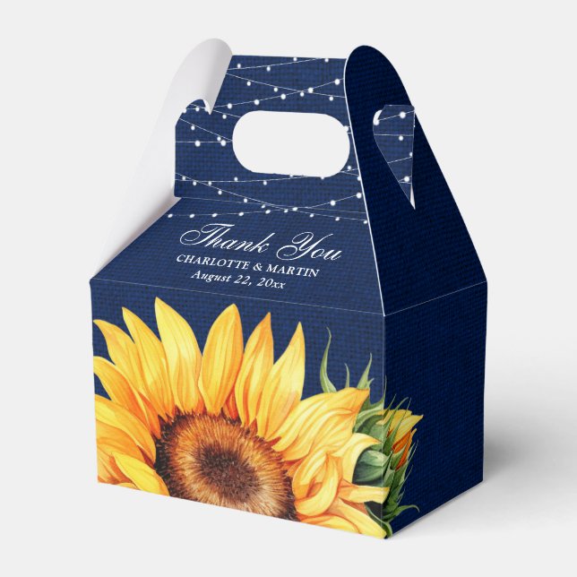 Rustic Navy Blue Burlap Sunflower Wedding Favor Boxes (Front Side)