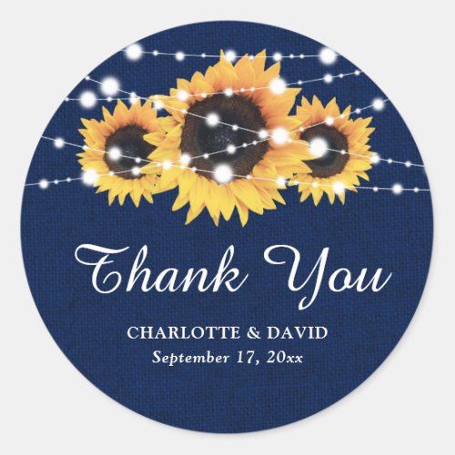 Rustic Navy Blue Burlap Sunflower Wedding Favor Classic Round Sticker