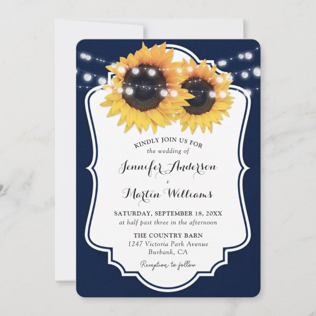 Rustic Navy Blue Burlap Sunflower Wedding Invitation (Front)