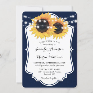 Rustic Navy Blue Burlap Sunflower Wedding Invitation