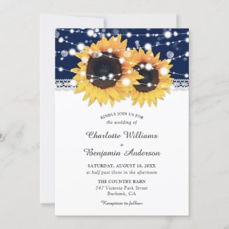 Rustic Navy Blue Burlap Sunflower Wedding Invitation