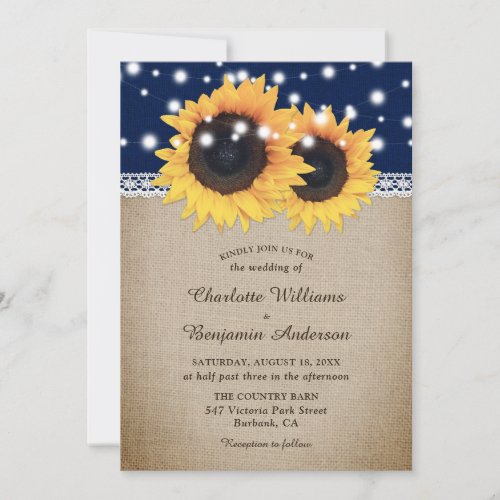 Rustic Navy Blue Burlap Sunflower Wedding Invitation