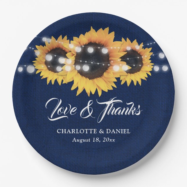 Rustic Navy Blue Burlap Sunflower Wedding Paper Plates (Front)