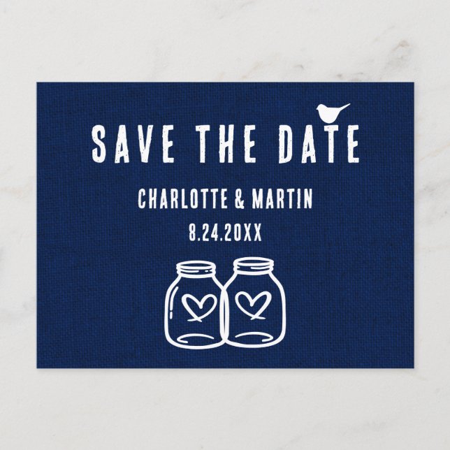 Rustic Navy Blue Burlap Wedding Save The Date Announcement Postcard (Front)
