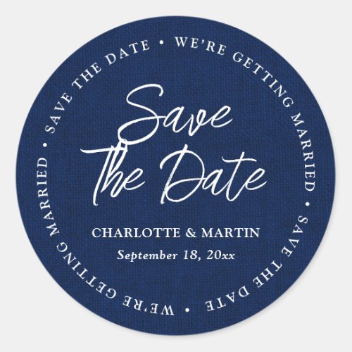 Rustic Navy Blue Burlap Wedding Save The Date Classic Round Sticker