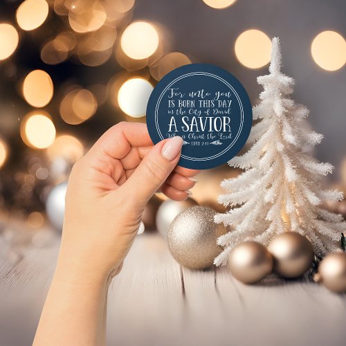 Rustic Navy Blue Christmas Bible Verse Typography Classic Round Sticker